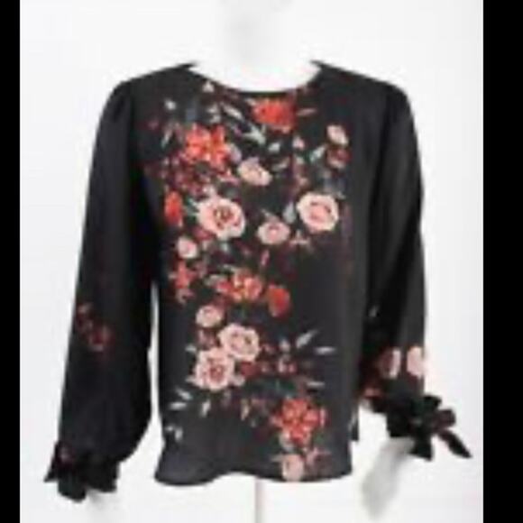 Zara black floral print top with ties at sleeve size XS - Picture 3 of 5